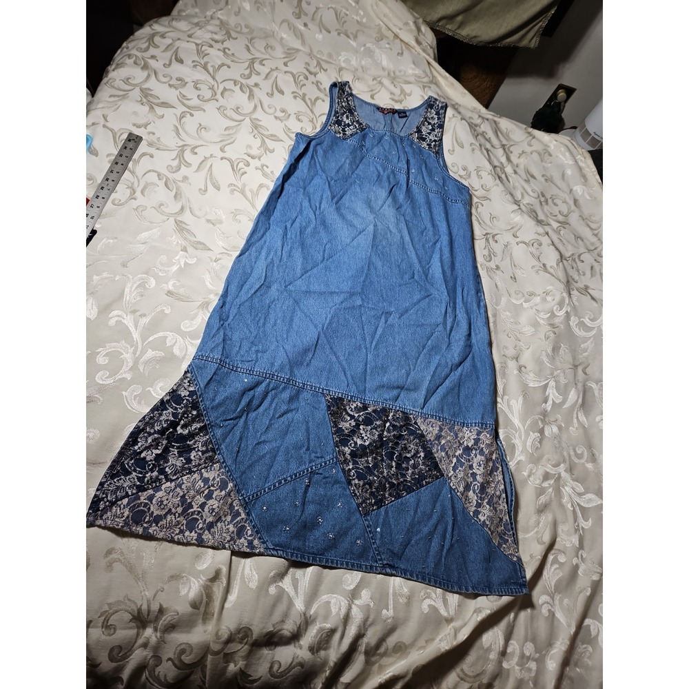 Vintage Y2K Denim Lace Maxi Patchwork Cottagecore Prairie Cowgirl Grannycore XL